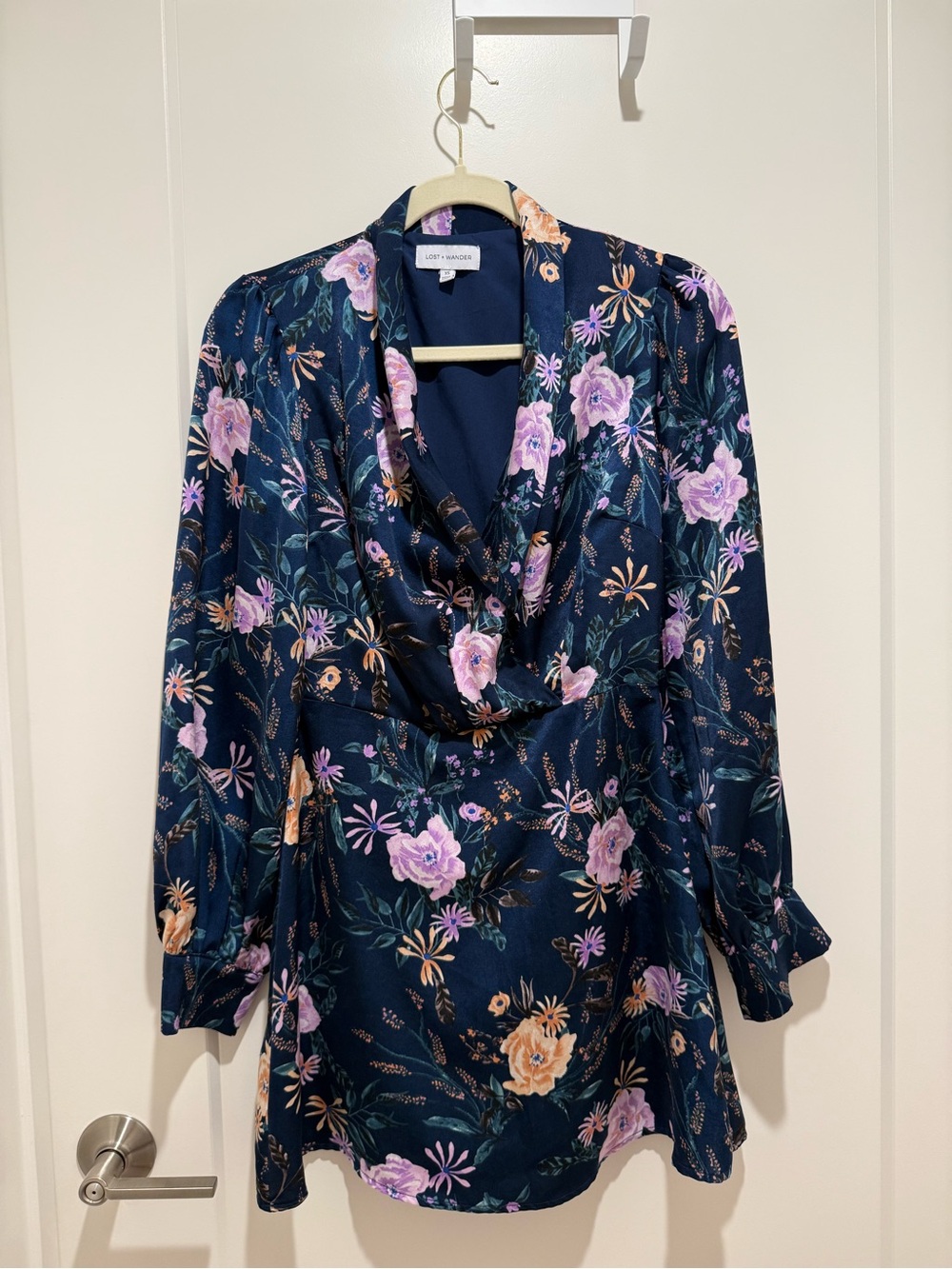 Lost + Wander Navy Floral Draped Front Blouse